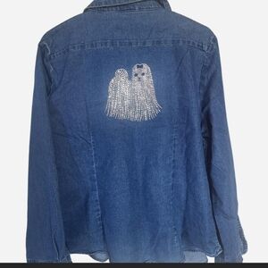 Vintage Denim long sleeve button up with rhinestone Shihtzu puppy on the back